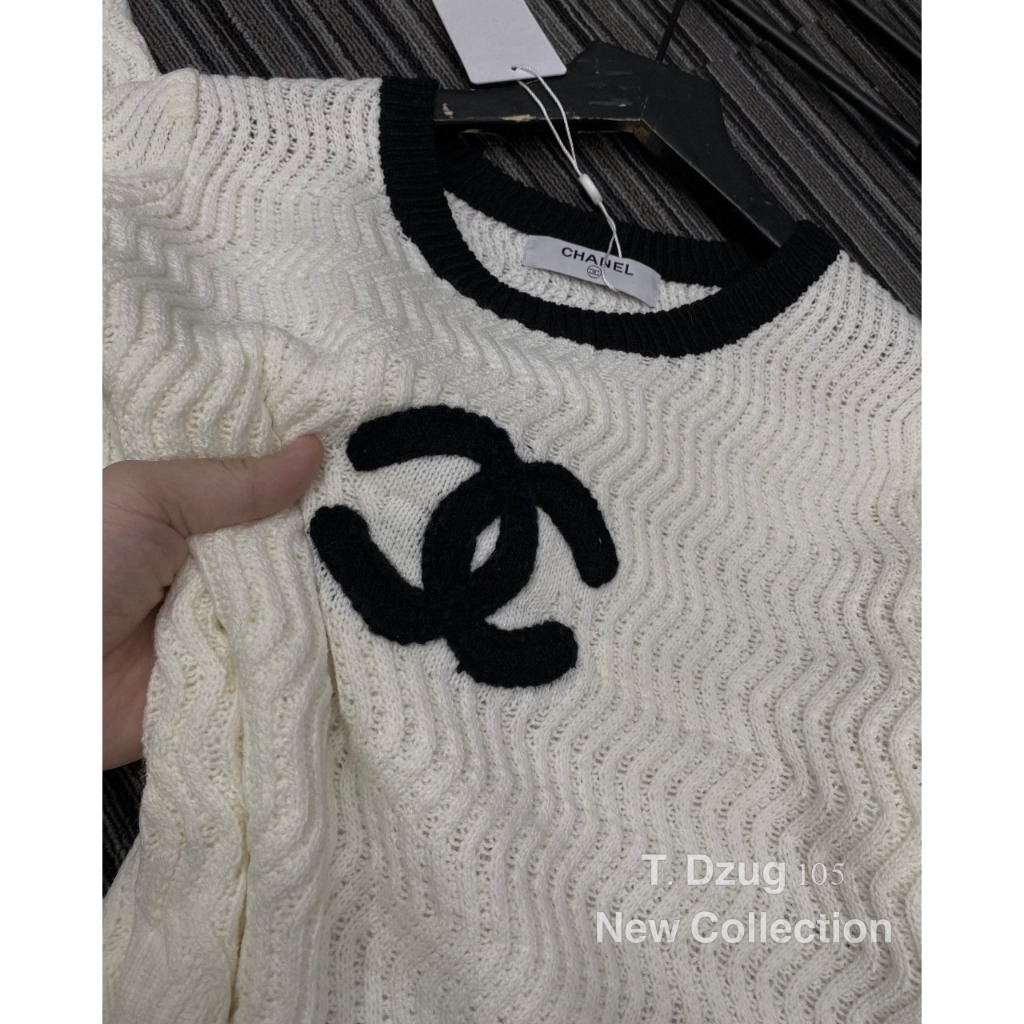 Áo len tăm cộc tay viền den thêu họa tiết nổi hàng QCL1