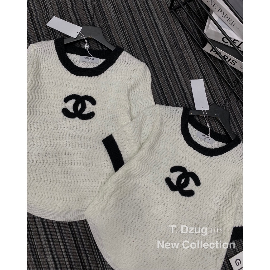 Áo len tăm cộc tay viền den thêu họa tiết nổi hàng QCL1