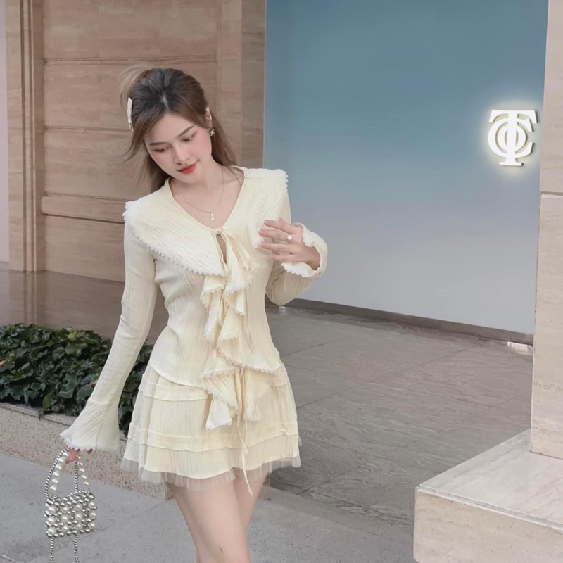 Set áo váy phối bèo chiết eo nữ tính, Set bộ đồ nữ phối ren áo buộc nơ sau phối chân váy xòe có lót tiểu thư B804 SUTANO