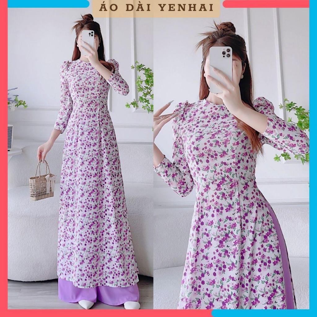 Áo dài in hoa nhí màu tím chất lụa nhật - D1684