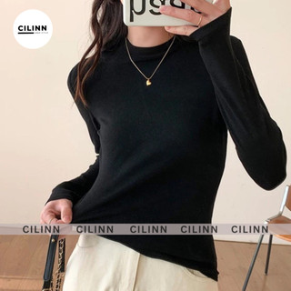 Áo thun cổ tròn dáng dài Cilinn Chất Thun gân Co Dãn Áo thun ôm body tay dài