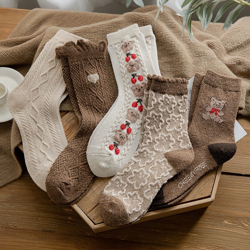 TCC30 - Tất cao cổ cotton tông màu nâu gấu cherry dễ thương cho nữ phong cách Hàn Quốc