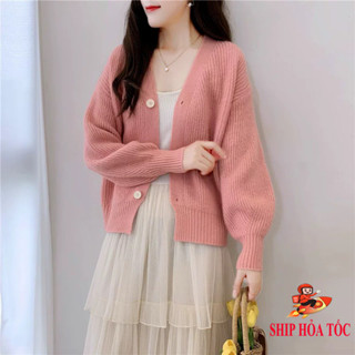 Áo khoác len nữ, Áo khoác cadigan tay bồng chất liệu len dày mịn không xù lông