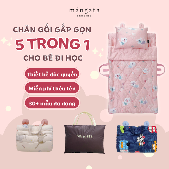 Bộ Chăn gối gấp gọn 5 trong 1 size 70x120cm cho bé đi học mầm non tiểu học Mangata Bedding mềm mát nhiều họa tiết