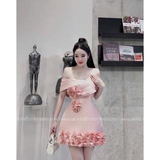 Đầm váy nữ chữ A trễ vai kết hoa chân váy vạt chéo dáng xòe ngắn với 3 tone màu diện đi tiệc đi chơi tết
