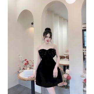 Đầm nơ đính cườm sang chảnh thời trang nữ mặc đi dự tiệc chất liệu nhung cứng trễ vai không tay ôm eo dáng chữ A