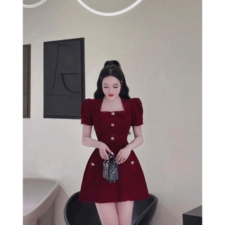 Đầm Váy Nữ Chất Vải Nhung Cứng Dáng Xoè Đính Cúc Ngực Thiết Kế tinh tế duyên dáng