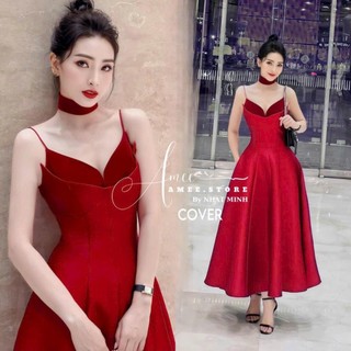 Đầm thời trang nữ mặc đi tiệc đi chơi tết sexy chất tapta phối nhung 2 dây dáng xòe sang trọng