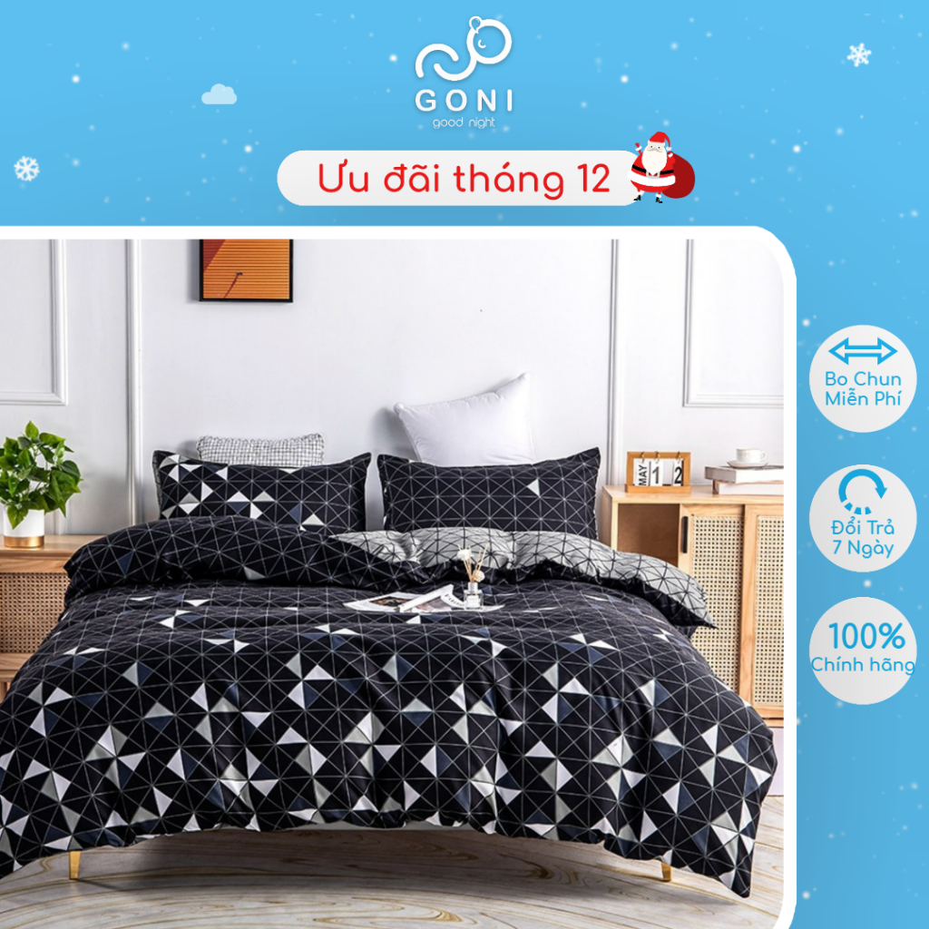 Bộ Chăn Ga Gối Họa Tiết Hoa Văn Tam Giác Cotton Tici GONI Drap Giường Đủ Kích Thước Trải Nệm Không Kèm Ruột