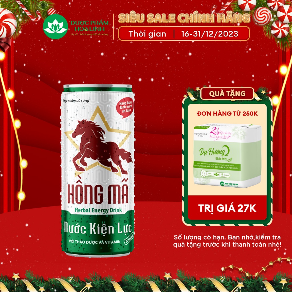 Lốc 6 lon Nước kiện lực thảo dược Hồng Mã ít đường 170ml