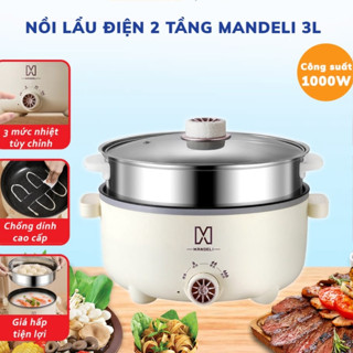 Nồi Lẩu Điện đa chức năng 2 Tầng Mandeli Kèm Giá Hấp 28 cm Tráng Men Chống Dính năng suất 1000W BH 6 Tháng siêu sale