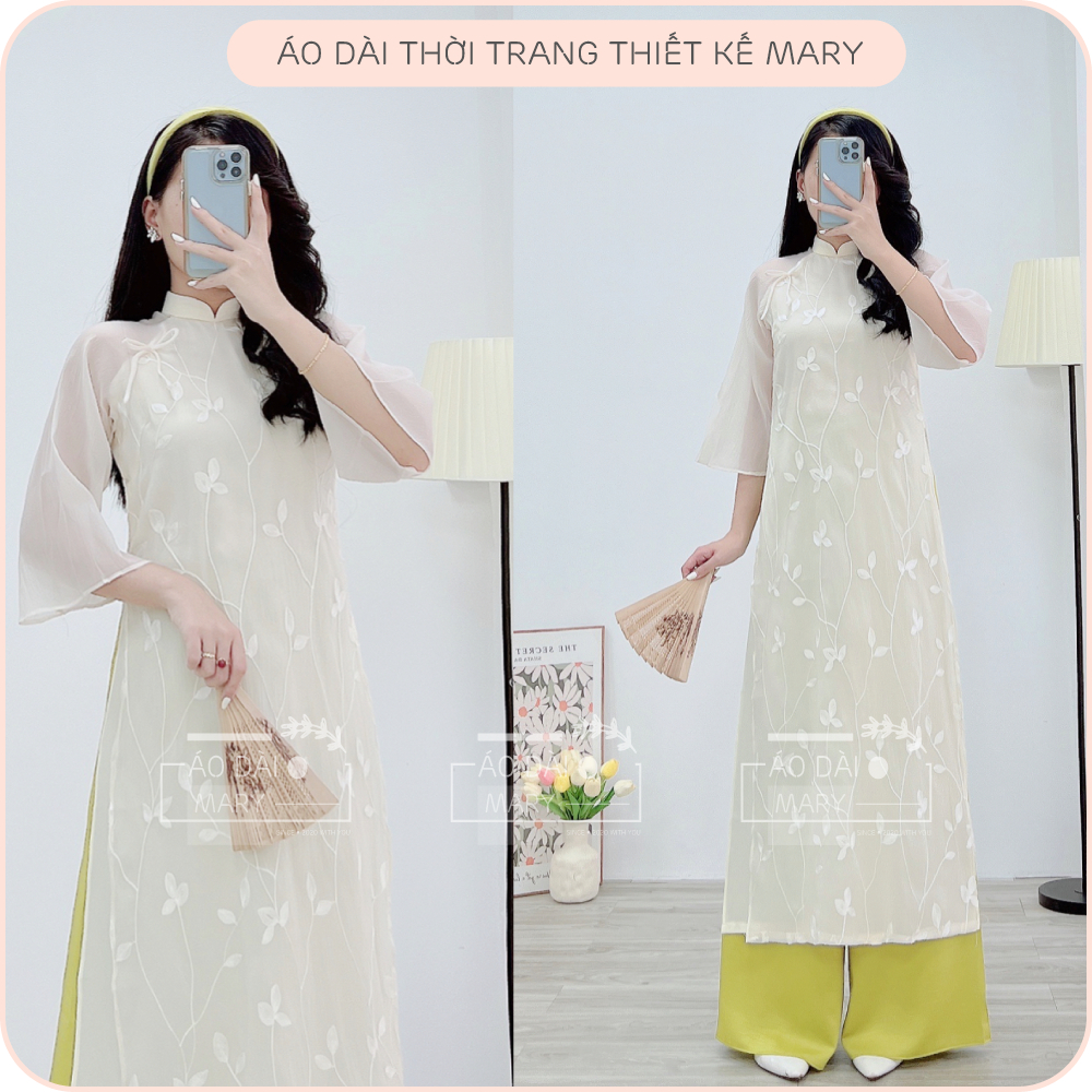 Áo Dài Cách Tân Dáng Xuông 4 Tà Thời Trang Hoa Thêu Nổi Cực Xinh