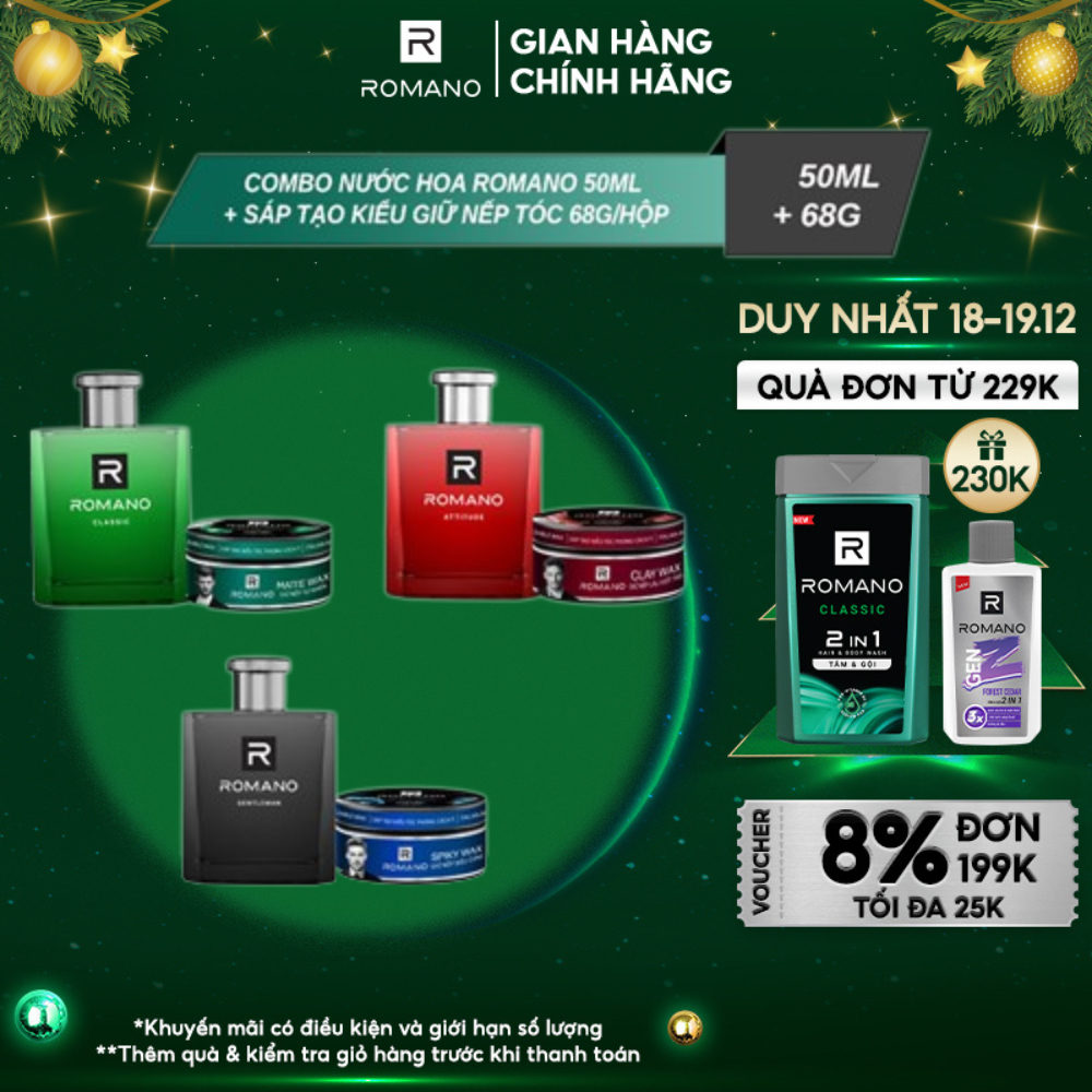 o nước hoa Romano 50ml/chai + Sáp tạo kiểu giữ nếp tóc Romano Restyleable Wax 68g/hộp