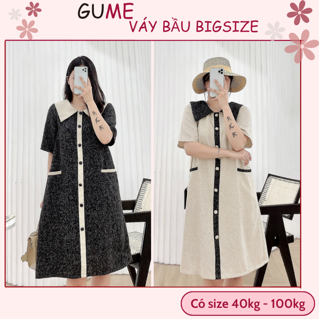 Váy bầu thu đông bigsize - Đầm bầu thiết kế GuMe DẠ TĂM CAO CẤP 2 MÀU BE-ĐEN cúc bọc sang chảnh GM047