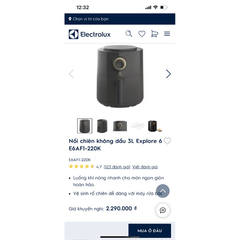 Nồi chiên không dầu Electrolux 3.4 lít e6af1-220k