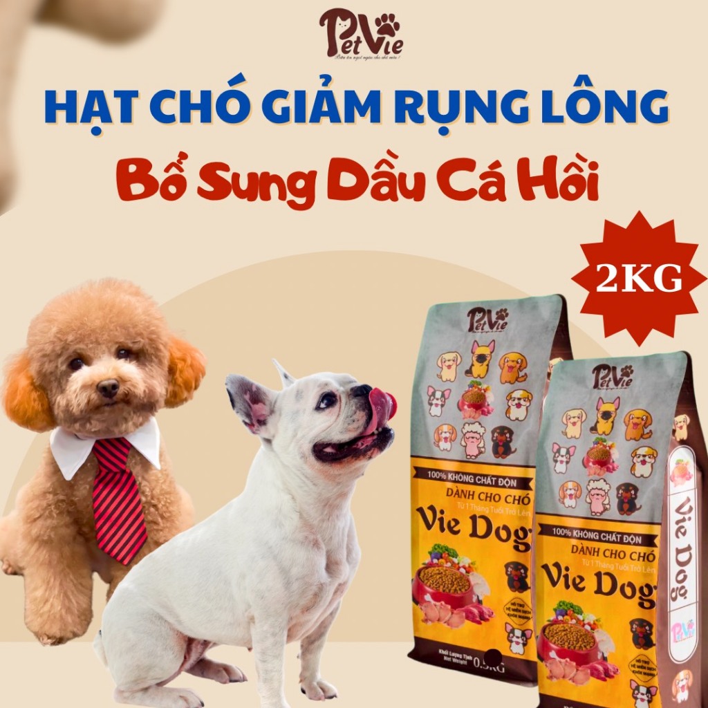 2KG Hạt CHÓ giảm RỤNG LÔNG - Thương hiệu PetVie giúp khỏe mạnh, sống lâu, bổ sung dầu cá hồi và rau củ