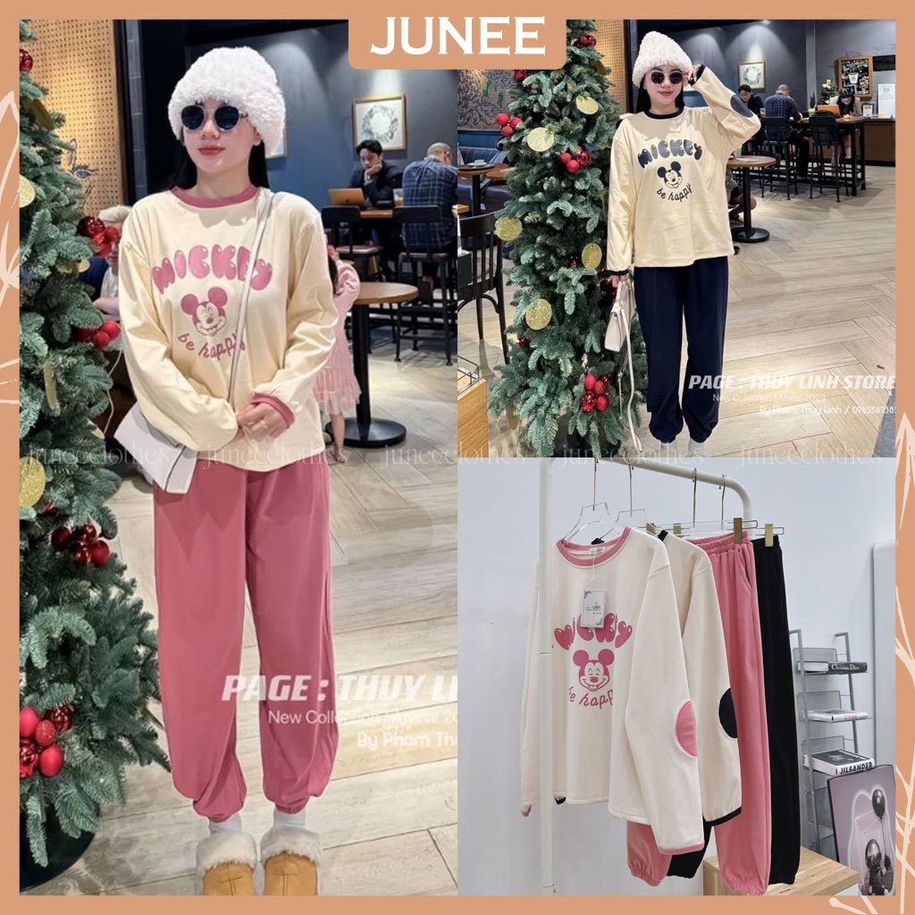 Set Bộ Đồ Nữ Áo Nỉ Nhung Dài Tay Mickey Happy Phối Viền Thêu Đáp Khuỷu Tay Mix Quần Dài Bo Ống Freesize B312152
