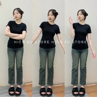 (90cm nấm lùn)Quần jeans ống đứng xanh rêu nấm lùn cạp cao co dãn