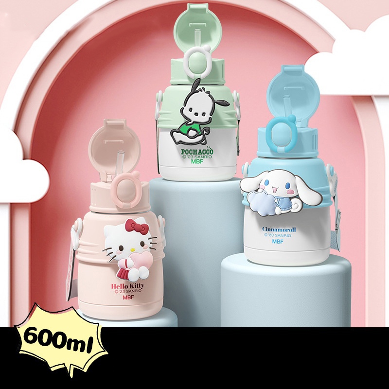Bình Nước Sanrio Giữ Nhiệt 600ml Cỡ Lớn Có Ống Hút Họa Tiết Hoạt Hình Dễ Thương Cho Bé B37
