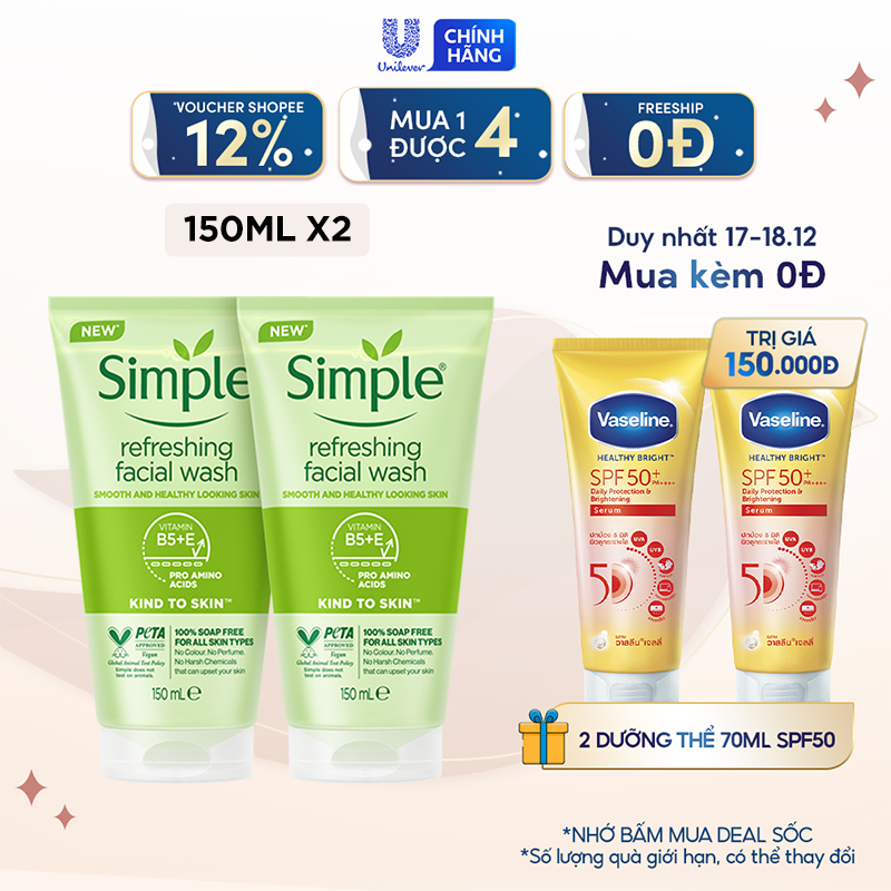 Combo 2 Sữa rửa mặt Simple lành tính sạch thoáng - cho da nhạy cảm 150ml/chai