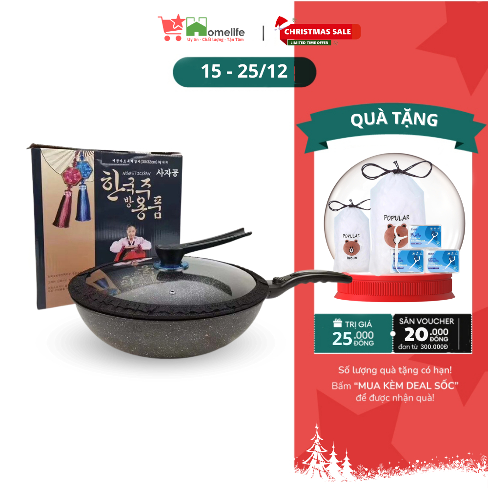 Chảo Gang Bát Giác Vân Đá Siêu Chống Dính, Tráng Men Cao Cấp Size 32cm, Dày Dặn, An Toàn, Dùng Được Cho Mọi Loại Bếp