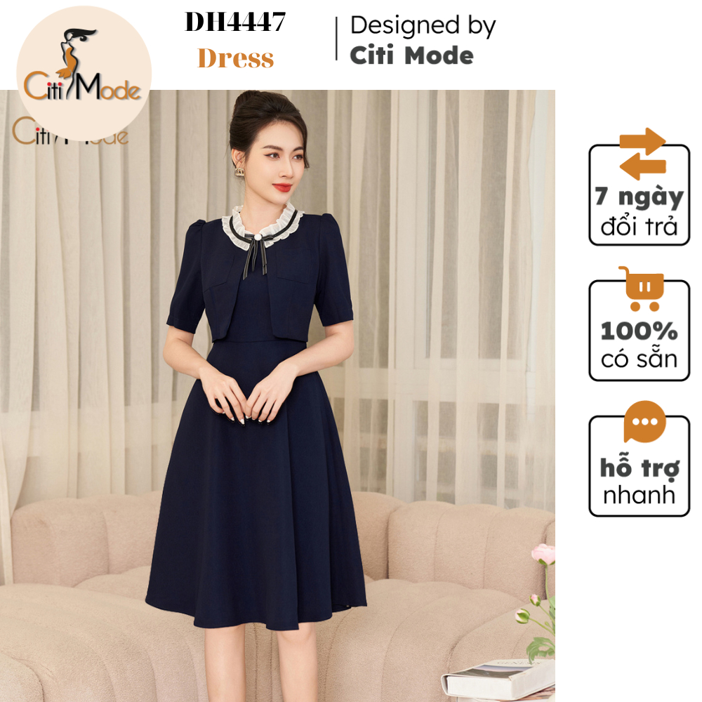 Đầm công sở CITI MODE FASHION thiết kế dáng xoè xanh cổ nhún bèo trắng đính nơ DH4447