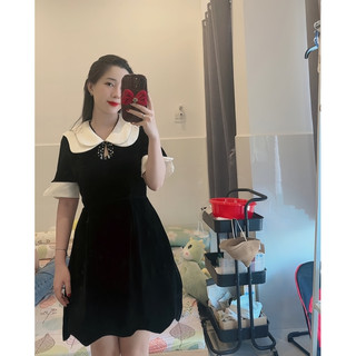 Đầm nhung cổ sen 2 lá đính đá