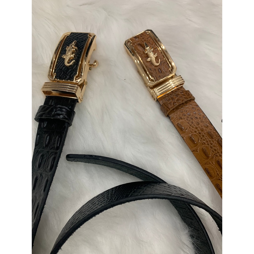 Thắt Lưng Nam Da Bò Nguyên Miếng 1 Lớp Cắt Dập Vân Cá Sấu Có Viền Cao Cấp Thời Trang Khóa Tự Động Mặt Gold