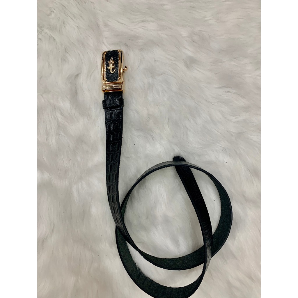 Thắt Lưng Nam Da Bò Nguyên Miếng 1 Lớp Cắt Dập Vân Cá Sấu Có Viền Cao Cấp Thời Trang Khóa Tự Động Mặt Gold