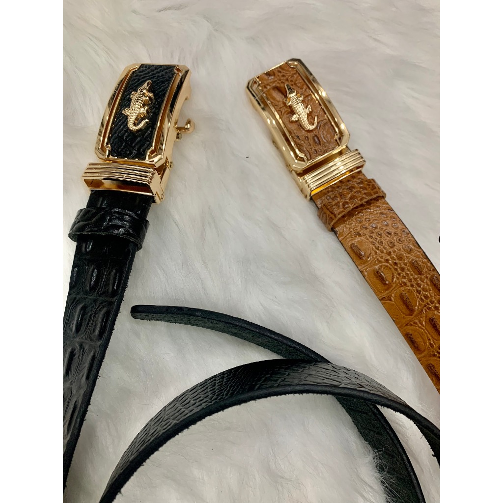 Thắt Lưng Nam Da Bò Nguyên Miếng 1 Lớp Cắt Dập Vân Cá Sấu Có Viền Cao Cấp Thời Trang Khóa Tự Động Mặt Gold