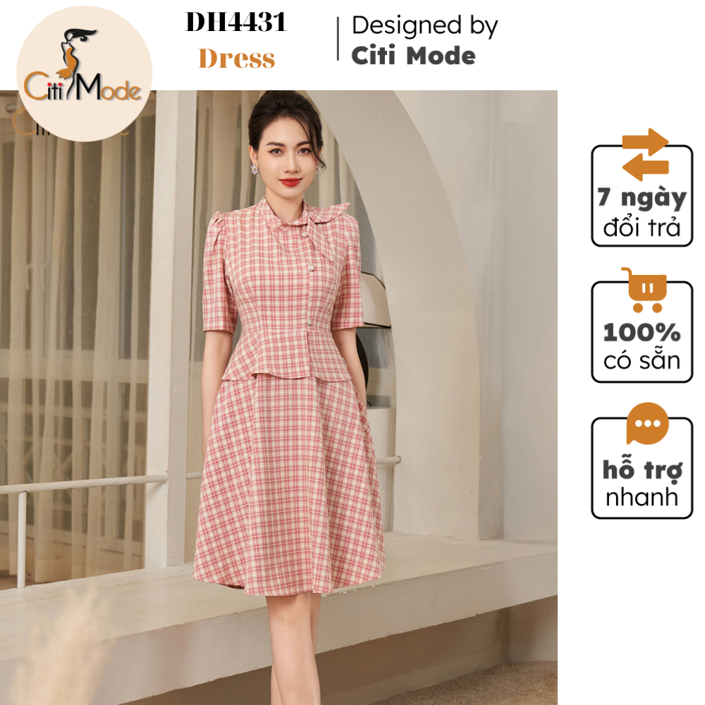 Đầm công sở CITI MODE FASHION thiết kế dáng xoè peplum kẻ hồng phối cổ nơ cách điệu DH4431