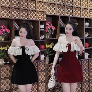Đầm váy nhung trễ vai nơ phối bèo tơ tiểu thư sang chảnh