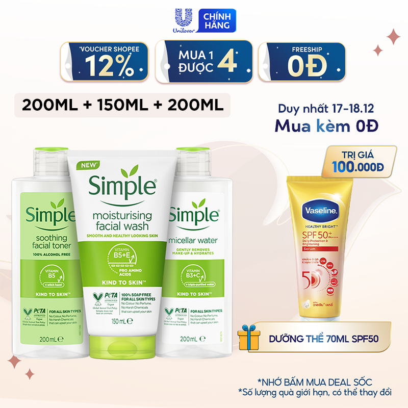 Combo Simple Tẩy trang Micellar 200ml + Sữa rửa mặt 150ml + Nước hoa hồng 200ml sạch sâu hiệu quả [CHÍNH HÃNG ĐỘC QUYỀN]