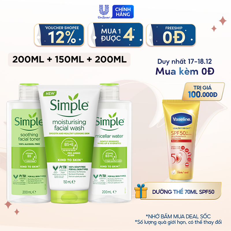 Combo Simple Tẩy trang Micellar 200ml + Sữa rửa mặt 150ml + Nước hoa hồng 200ml sạch sâu hiệu quả