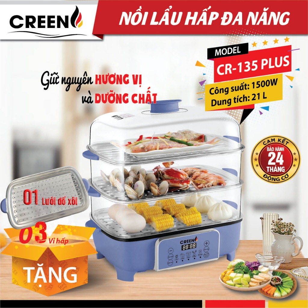 Nồi lẩu hấp đa năng Creen CR-135 Plus, 21L, 3 tầng hấp. Lỗi 1 đổi 1 trong 12 tháng