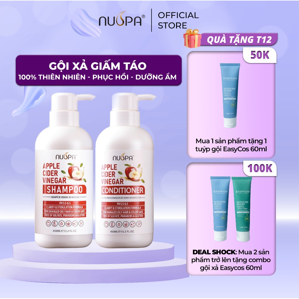 Bộ gội xả chiết xuất giấm táo sạch sâu phục hồi dưỡng ẩm mềm mượt NUSPA Apple Cider Vinegar Shampoo/Conditioner 450ml