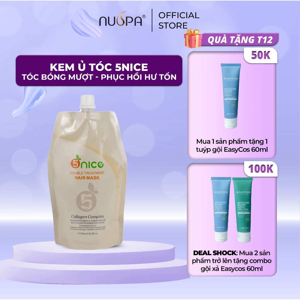Kem ủ tóc keratin, collagen giúp phục hồi tóc hư tổn, dưỡng tóc chuyên sâu 5NICE Double Treatment 500ml_ NUSPA