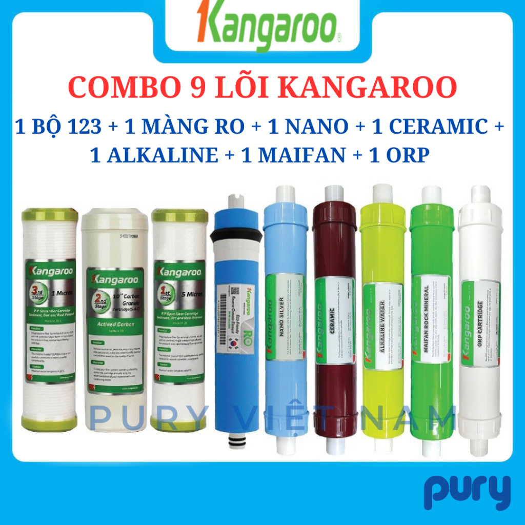 Trọn bộ 9 lõi lọc nước Kangaroo chính hãng dùng cho máy lọc nước Kangaroo KGRP88, KGHP66, KG19A3 ...