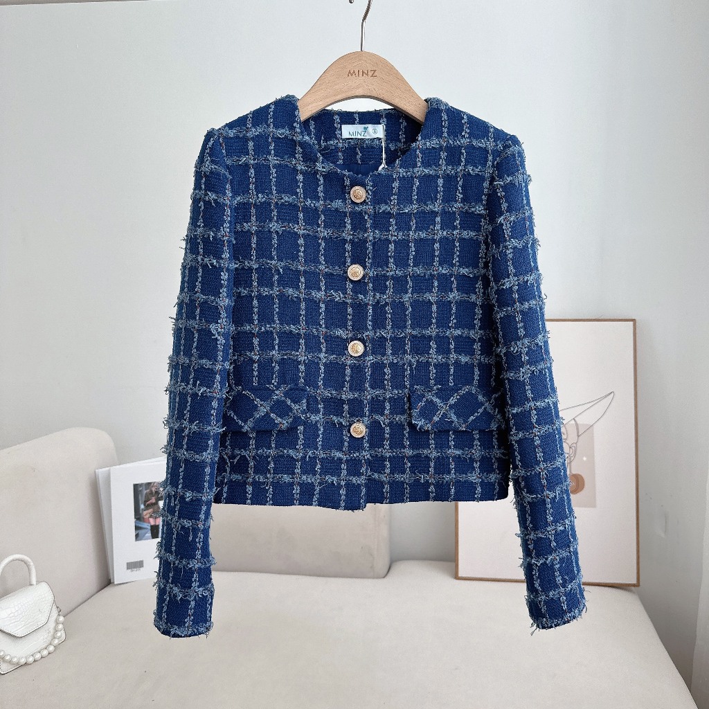 Áo Dạ Ô Vuông MINZ STORE Mã 1147, Thiết Kế Viền Tua Rua Phong Cách Hàn Quốc