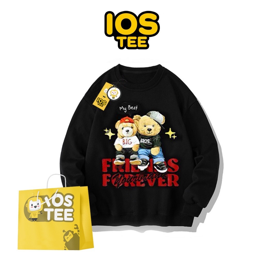Áo sweater nỉ Gấu đôi bạn Forever nam nữ form rộng, áo cổ tròn mùa đông unisex vải cotton dày dặn,ấm áp, áo cặp nhóm tre