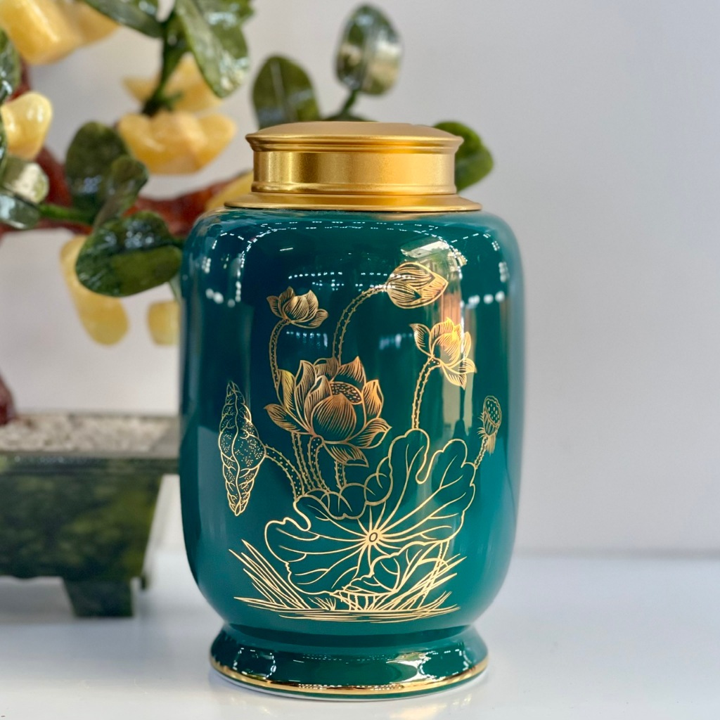Hũ Đựng Trà, lọ đựng chè gốm sứ Bát Tràng cao cấp họa tiết vẽ vàng 18k