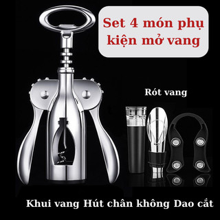 Set 4 dụng cụ mở rượu vang, đồ khui nắp chai vang chất liệu inox cao cấp