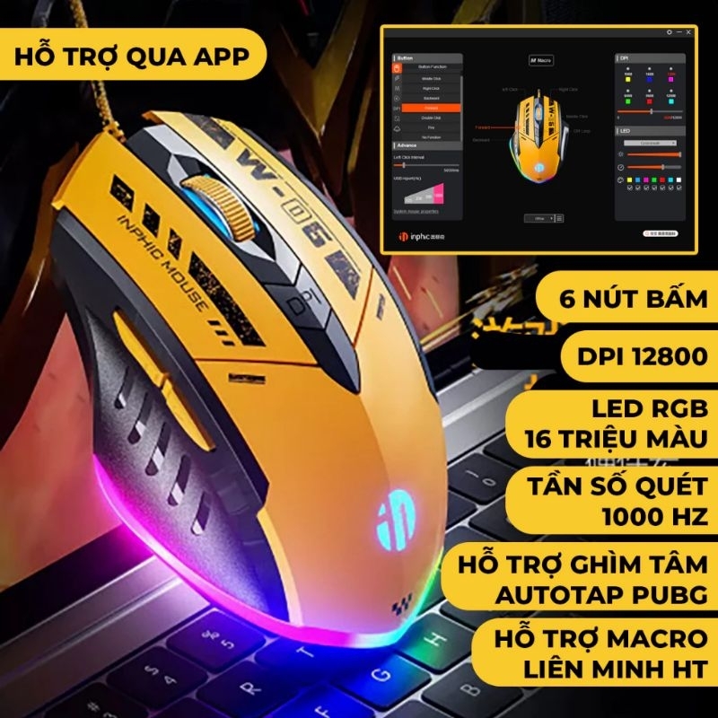 Chuột gaming máy tính có dây TEKKIN W6 có 6 nút hỗ trợ app led RGB 16 triệu màu 12800 DPI macro game