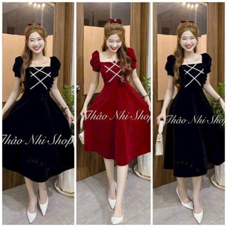Đầm nữ tay ngắn phồng cổ vuông phối ren ngực tone dáng sang chảnh cho các nàng