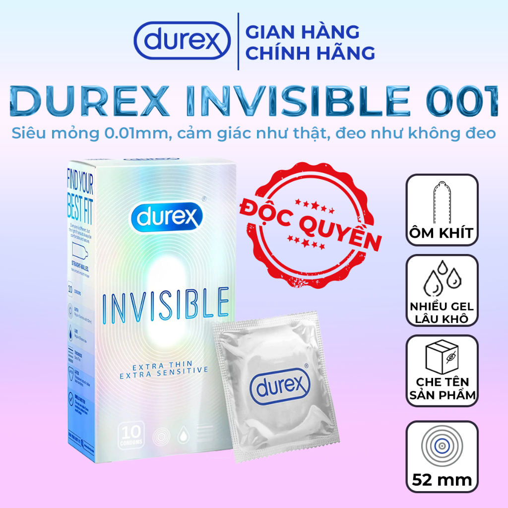 Bao Cao Su Durex Invisible 0.01mm Siêu Mỏng, Bôi Trơn Hộp 10 Bao Size 52mm - Chính Hãng Nhập Khẩu Singapore - Che tên