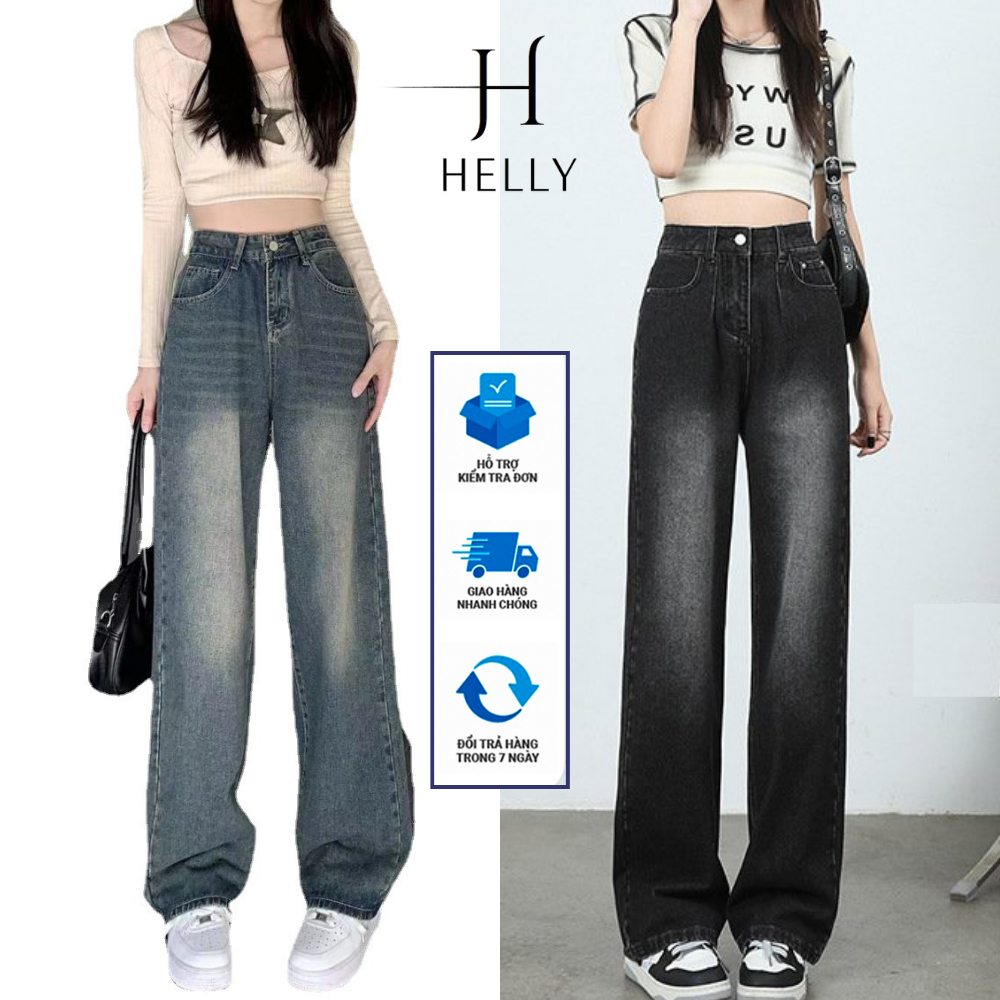 Quần jean ống rộng nữ màu Retro lưng cao chất jean dày dặn, Quần bò ống rộng lưng cao nữ màu cá tính - Helly Clothes