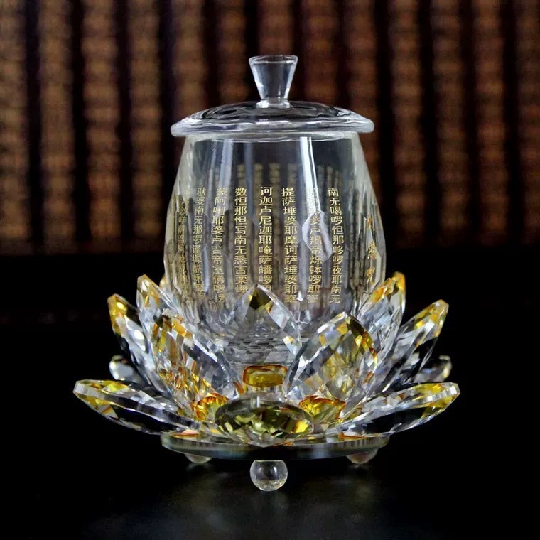 Bộ ly thờ cúng thủy tinh Chú Đại Bi đế hoa sen