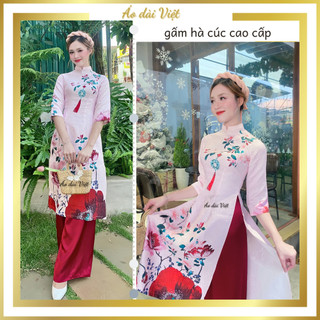 Áo dài cách tân nữ tết gấm Hà Cúc cao cấp hoa xuân may sẵn màu hồng đỏ