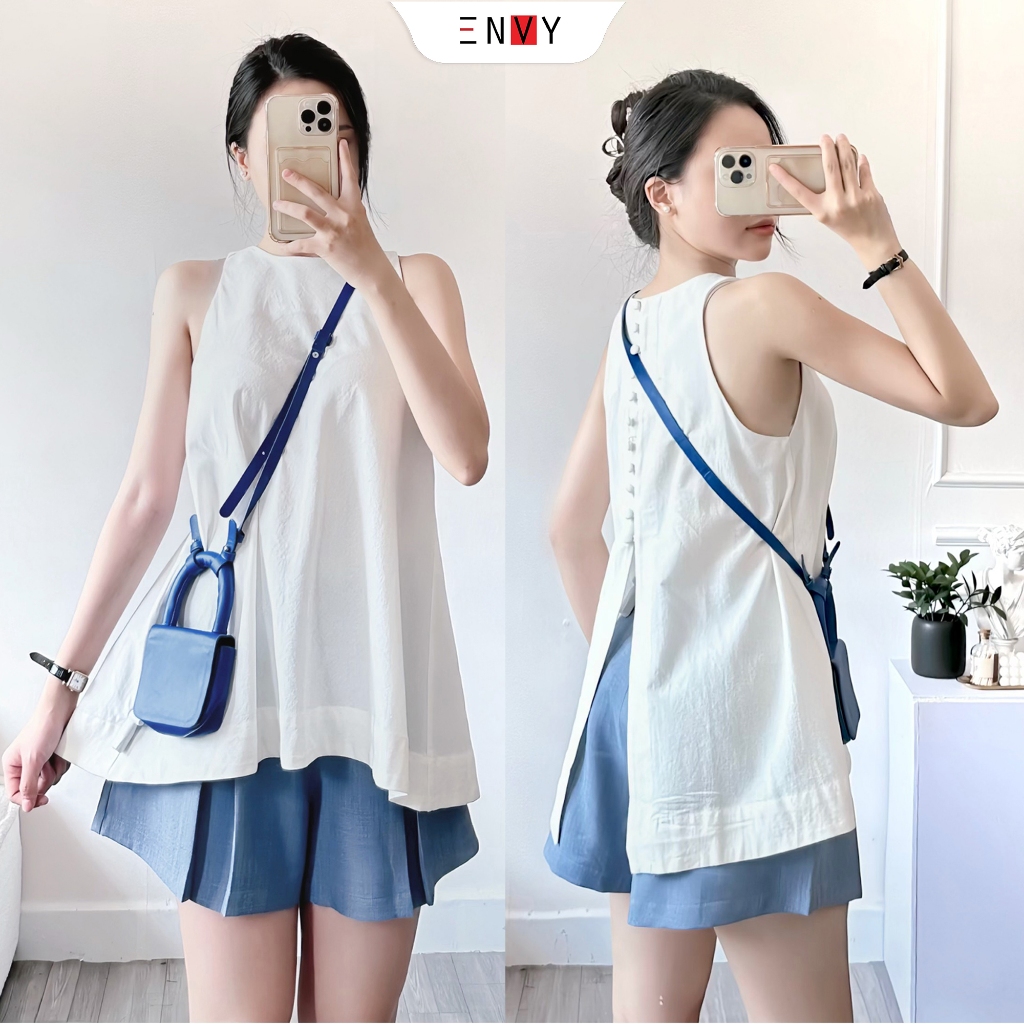 Áo kiểu nữ xẻ tà lưng ENVY A272 chất cotton mềm dày dặn