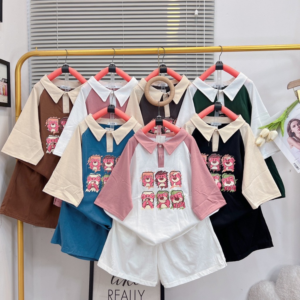 Set bộ đồ nữ áo polo quần đùi mặc mùa hè thoải mái, đồ bộ đi chơi quần đùi lưng cao ống rộng dễ thương Bunny_122